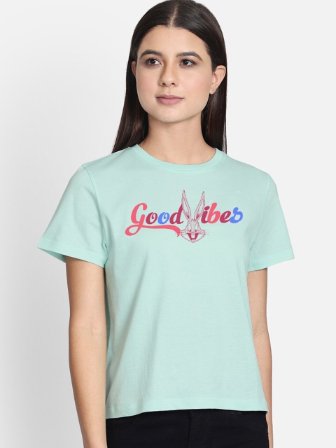 

Free Authority Women Green Printed Looney Tunes Round Neck Pure Cotton T-shirt