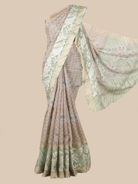

Pothys Tan & Green Linen Blend Printed Saree