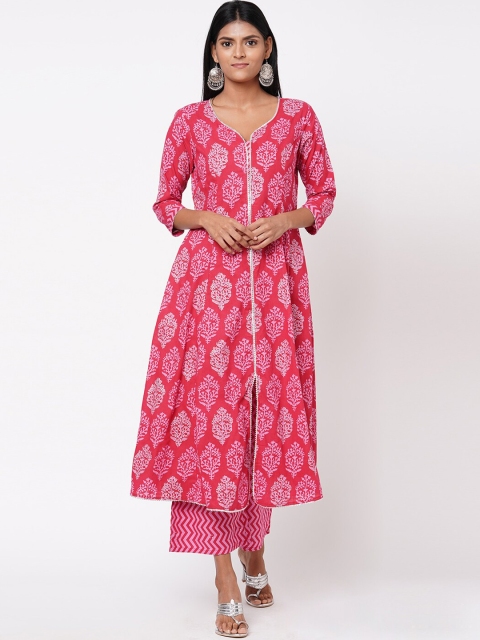 

FASHOR Women Pink Paisley Regular A-Line Pure Cotton Kurti & Skirt