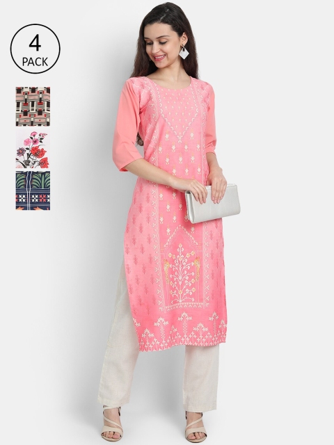 

Ethnic basket Women Pack Of 4 Printed Crepe Kurtas, Pink