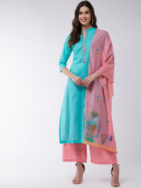 

Pannkh Women Blue & Pink Yoke Design A-Line Thread Work Pure Cotton Kurta with