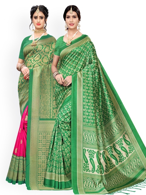 

KALINI Pack Of 2 Green & Pink Art Silk Woven Design Sarees
