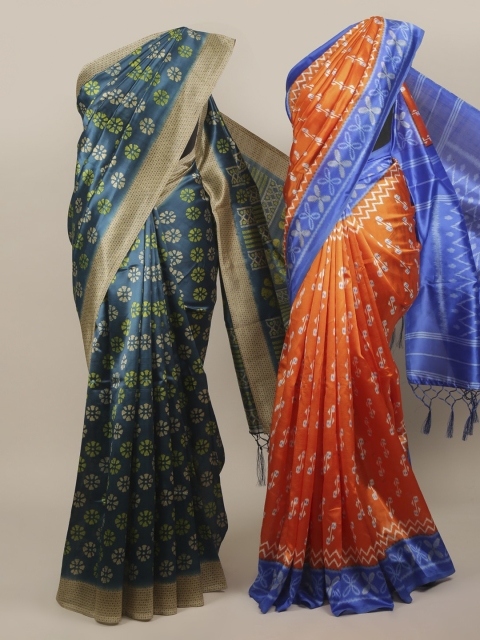 

Pothys Pack Of 2 Blue & Orange Jute Silk Printed Sarees