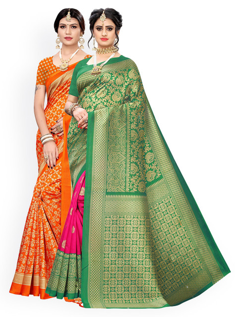 

KALINI Pack of 2 Orange & Green Art Silk Woven Design Saree