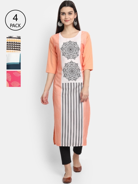 

Ethnic basket Women Pack of 4 Printed Crepe Kurtas, Peach