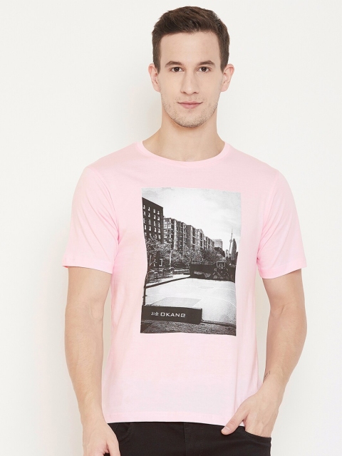 

Okane Men Pink Printed Round Neck T-shirt