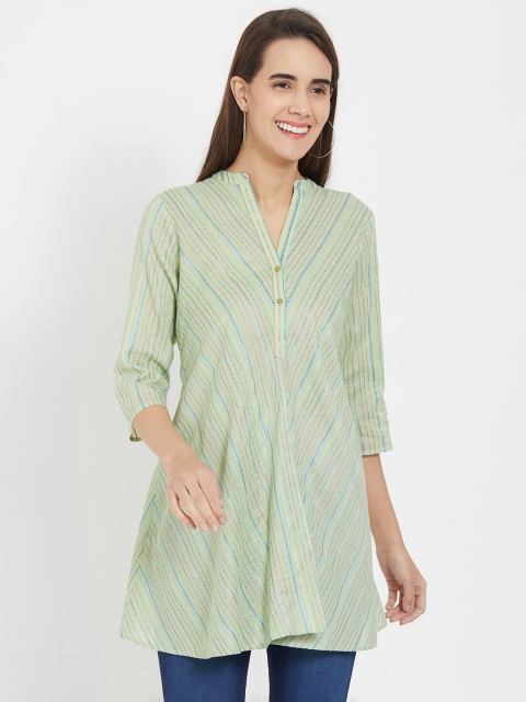 

Fusion Beats Green & Blue Mandarin Collar Striped Tunic