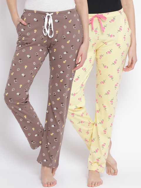 

Kanvin Women Pack Of 2 Printed Pure Cotton Lounge Pants, Brown