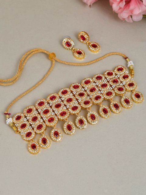

Silvermerc Designs Pink Gold-Plated AD & Faux Ruby-Studded Jewellery Set