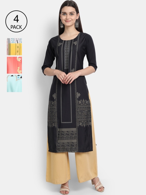 

Ethnic basket Pack of 4 Women Multicoloured Ethnic Motifs Printed Crepe Kurta, Multi
