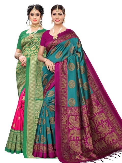 

KALINI Green & Blue Pack of 2 Art Silk Printed Sarees