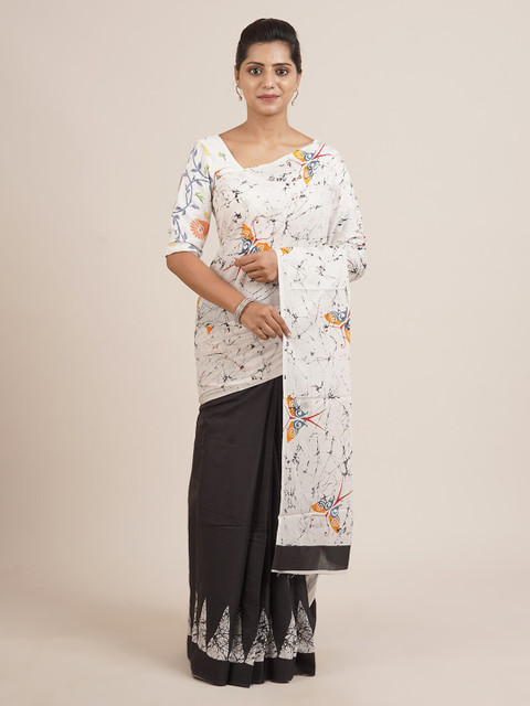 

Pothys Off-White & Black Pure Cotton Printed Saree