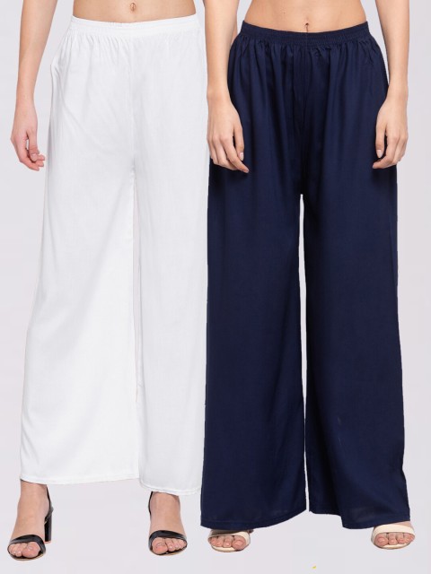 

KLOTTHE Women Pack Of 2 White & Blue Solid Wide Leg Palazzos