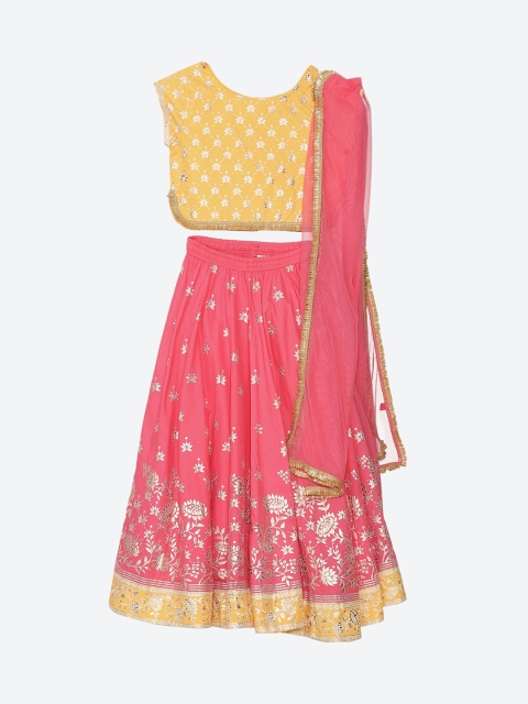 

Biba Girls Pink & Yellow Printed Ready to Wear Lehenga & Blouse with Dupatta