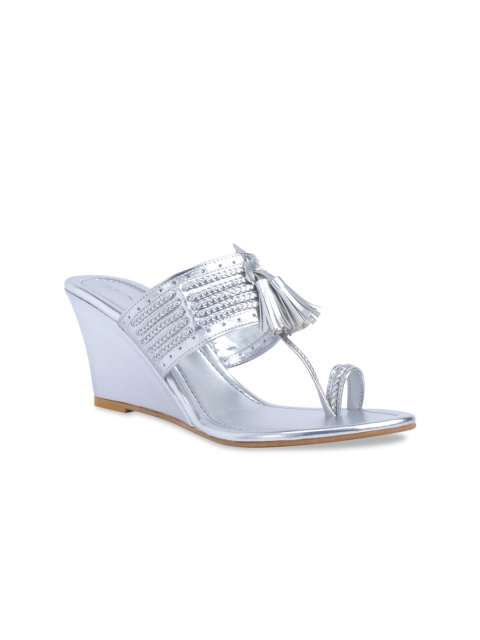 ERIDANI Women Silver-Toned Embellished Sandals