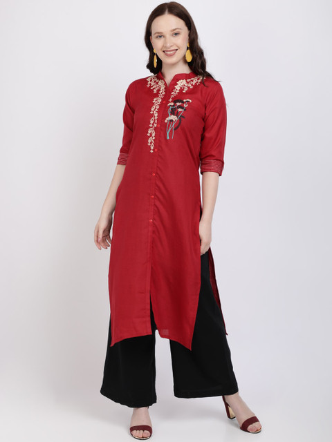 

Florence Women Red Floral Embroidered Cotton Kurta