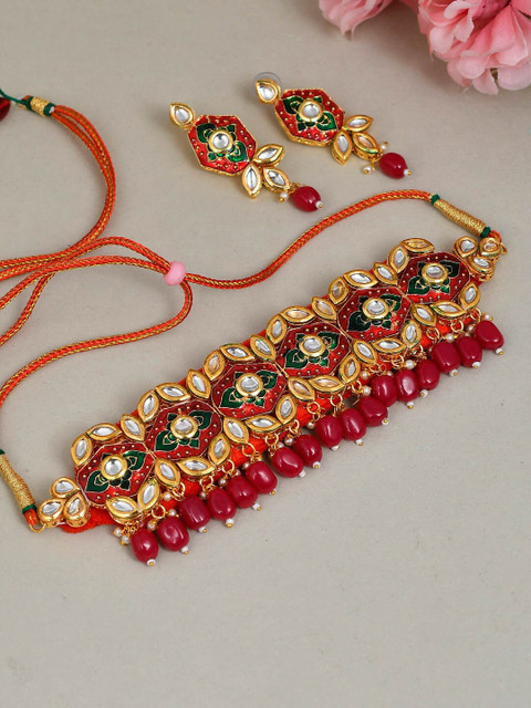 

Silvermerc Designs Red Gold-Plated Meenakri Kundan-Studded & Beaded Jewellery Set