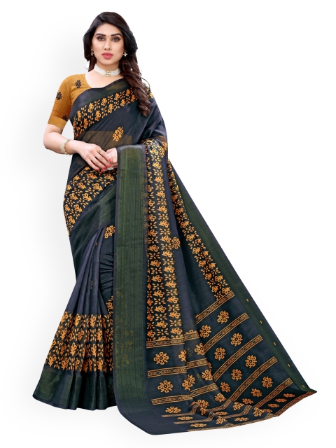 

KALINI Black & Yellow Polycotton Printed Saree