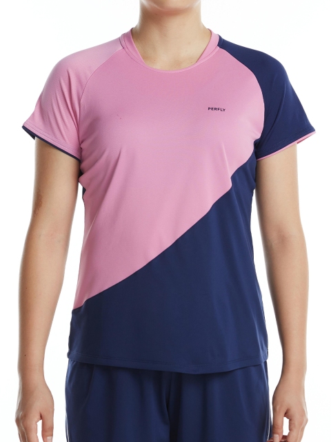 

PERFLY By Decathlon Women Pink & Navy Blue Colourblocked Round Neck T-shirt