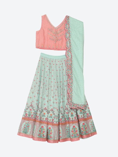 

Biba Girls Blue & Pink Embroidered Ready to Wear Lehenga & Blouse with Dupatta