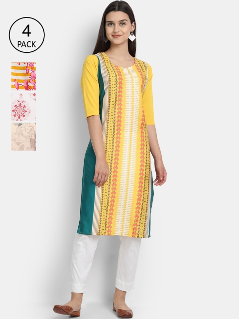 

Ethnic basket Women Pack of 4 Printed Crepe Kurtas, Yellow