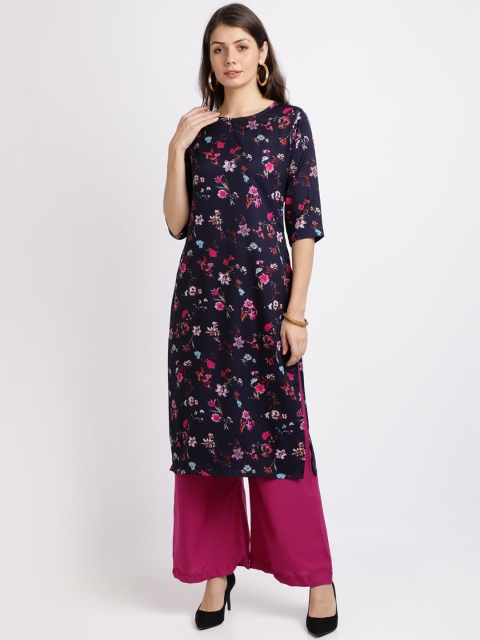 

Florence Women Navy Blue Floral Printed Crepe Regular Straight Kurta & Palazzos