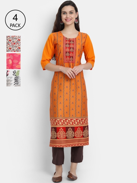 

Ethnic basket Women Pack of 4 Printed Crepe Kurtas, Orange