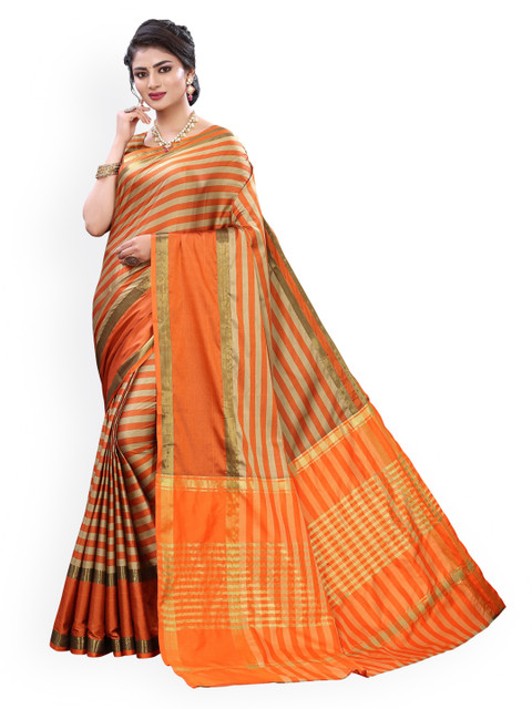 

KALINI Orange Poly Silk Striped Banarasi Saree