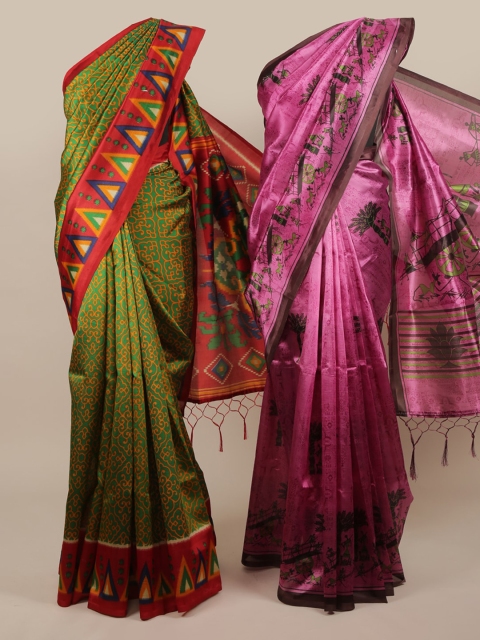

Pothys Pack Of 2 Green & Pink Jute Silk Printed Sarees