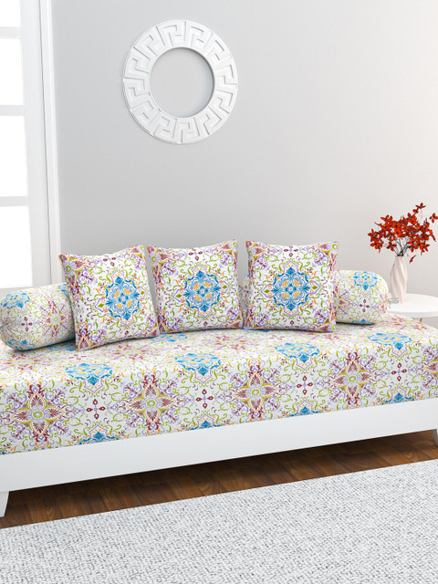 

HOME AFFAIRS Set Of 6 Off-White & Blue Printed Pure Cotton Diwan Set