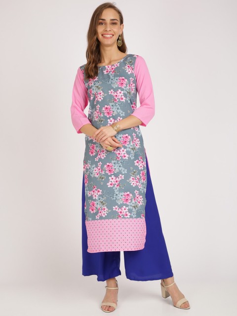 Florence Women Grey & Blue Floral Printed Straight Kurta & Palazzos