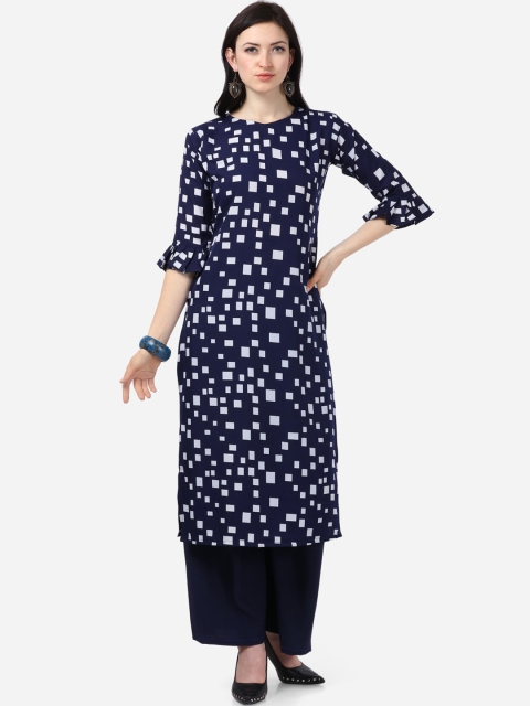 

Florence Women Navy Blue Printed Crepe Regular Straight Kurta & Palazzos