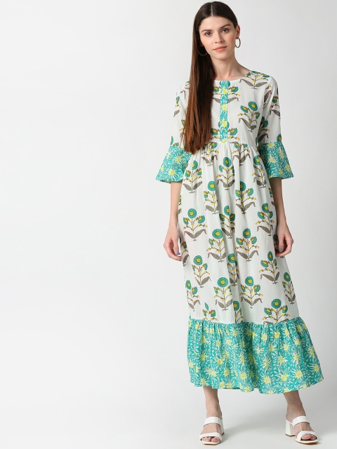 

mokshi Women White & Green Floral Printed Bell Sleeves Anarkali Kurta