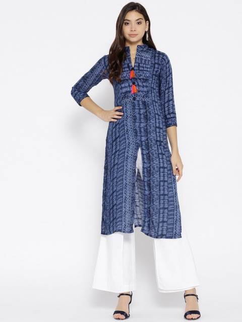 

Cottinfab Women Navy Blue Printed Kurta