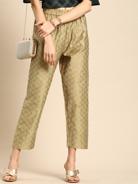 

KSUT Women Gold-Toned Regular Fit Self Design Regular Trousers
