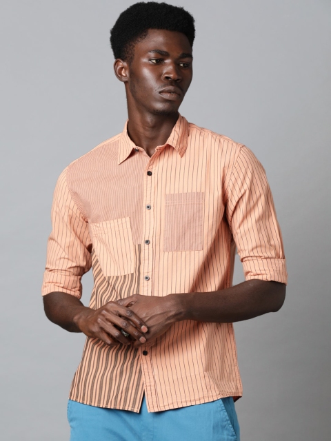 

Blue Saint Men Peach-Coloured & Black Regular Fit Striped Casual Shirt