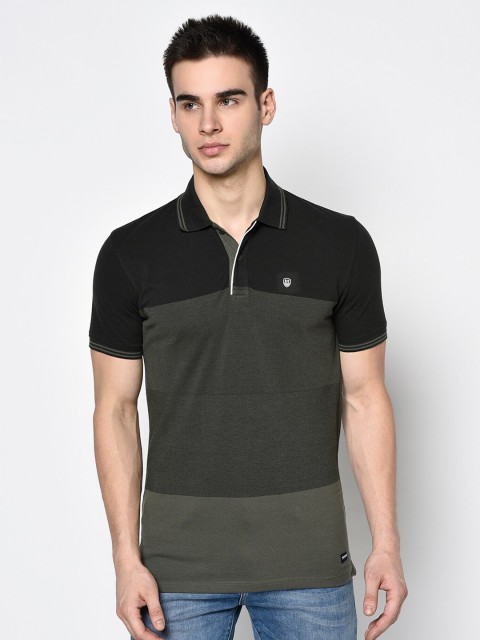 

Octave Men Olive Green & Black Colourblocked Polo Collar Cotton T-shirt