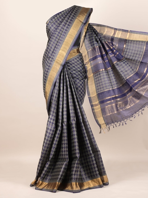 Pothys Navy Blue Pure Silk Woven Design Tussar Saree