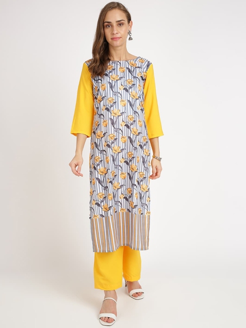 Florence Women Yellow & Blue Floral Printed Regular Straight Kurta with Palazzos