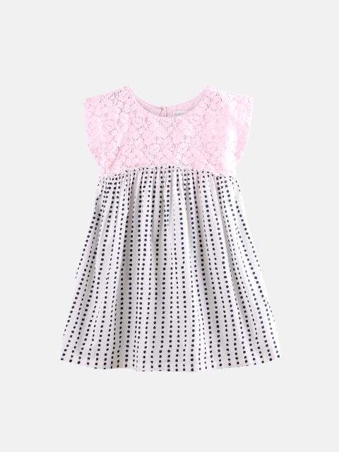

Beebay Girl Pink & White Pure Cotton Polka Dots Printed Lace A-Line Dress