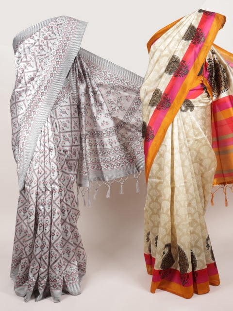 

Pothys Grey & Cream-Coloured Set of 2 Jute Silk Printed Saree