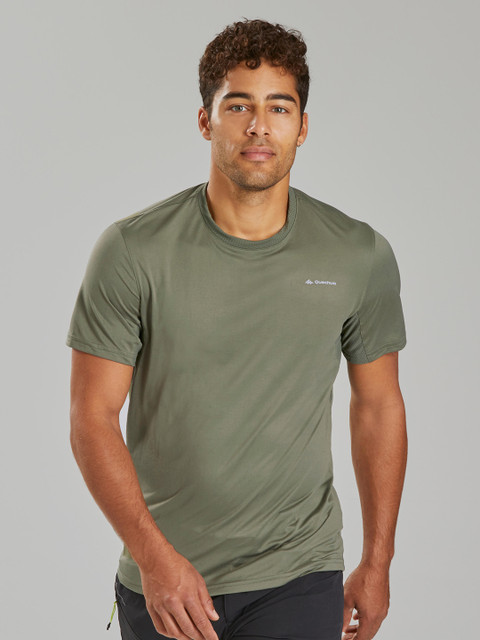 

Quechua By Decathlon Men Green Solid Mountain Walking Round Neck T-shirt