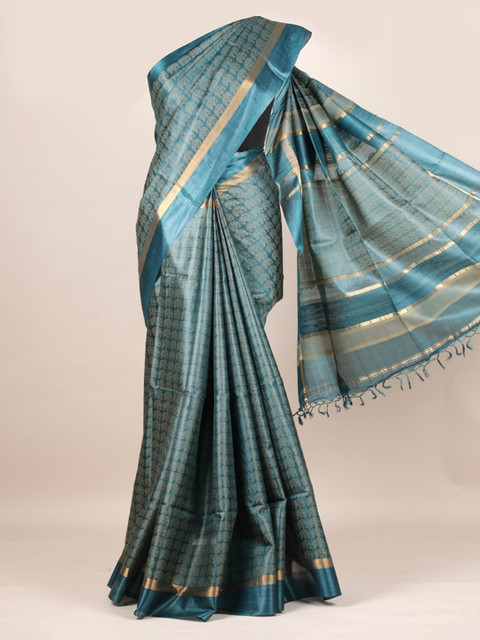 

Pothys Blue & Gold-Toned Pure Silk Printed Tussar Saree