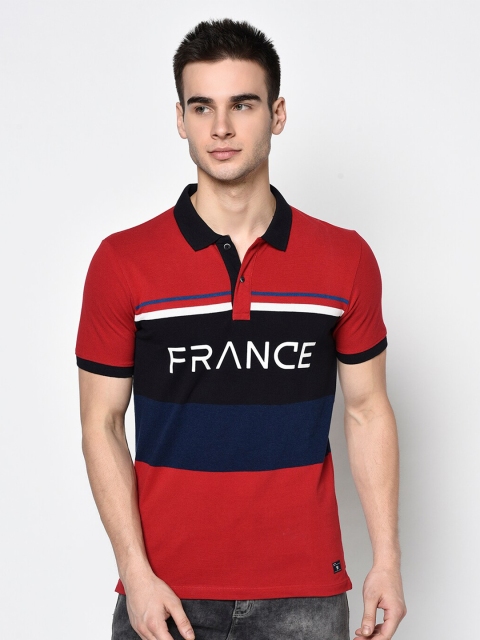 

Octave Men Red & Navy Blue Colourblocked Polo Collar Cotton T-shirt