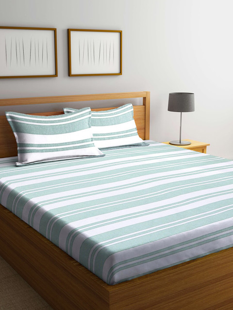 

KLOTTHE White & Green Striped 300 TC Cotton 1 King Bedsheet with 2 Pillow Covers