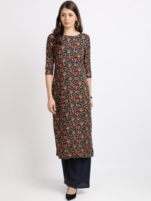 

Florence Women Navy Blue Floral Printed Crepe Regular Straight Kurta & Palazzos