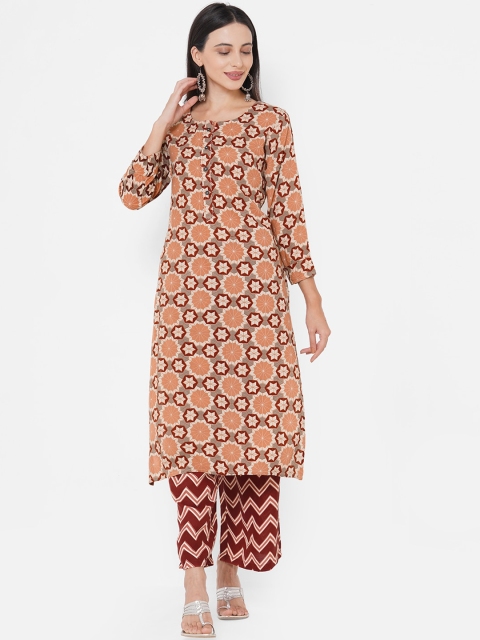 

FASHOR Women Brown & Beige Printed Straight Pure Cotton Kurta with Palazzos