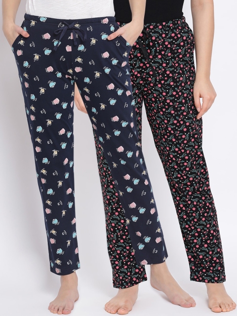 

Kanvin Women Pack Of 2 Printed Pure Cotton Lounge Pants, Black