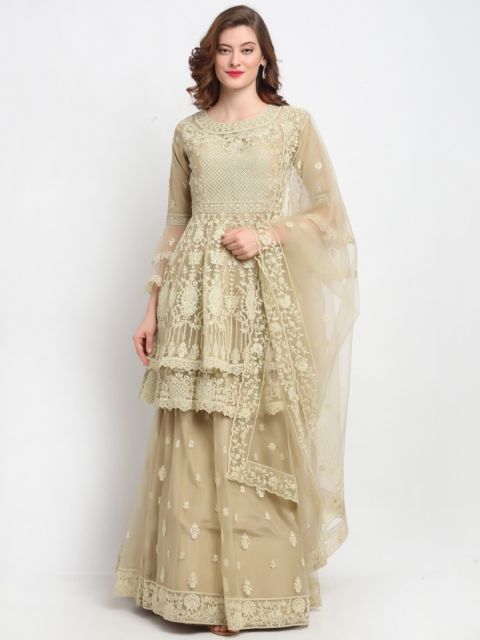 

Stylee LIFESTYLE Beige & White Net Semi-Stitched Dress Material