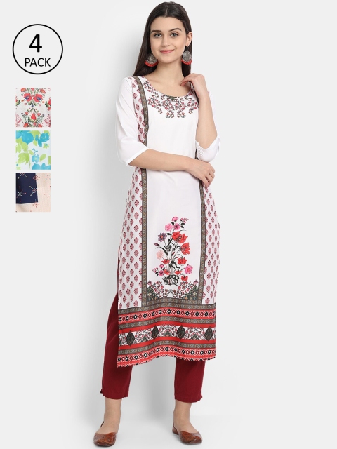 Ethnic basket Women Pack Of 4 Printed Crepe Kurtas, White